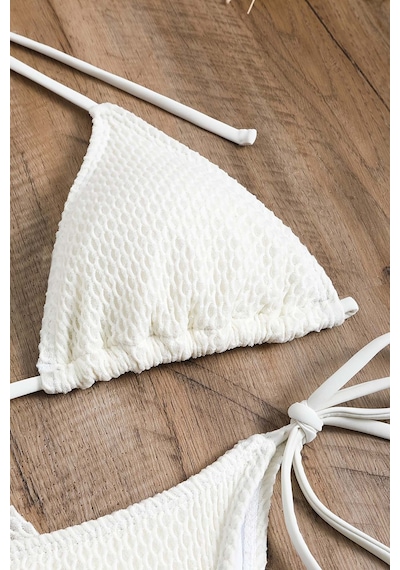 Angelsin Bağlamalı Alt Üst Pareo Üçgen 4'lü Brezilya Bikini Takım Set Çıkartılabilir Kaplı Beyaz