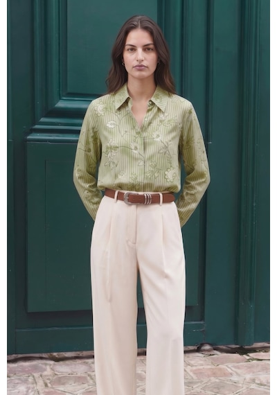 Sateen Çizgi Ve Çiçek Desenli Gömlek - Haki-137459