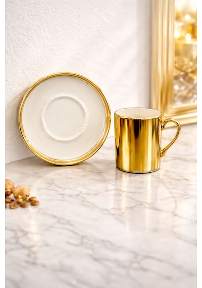 2 Kişilik Porselen Gold Platin Kaplama Kahve Fincan Takımı Seti 100ml Altın