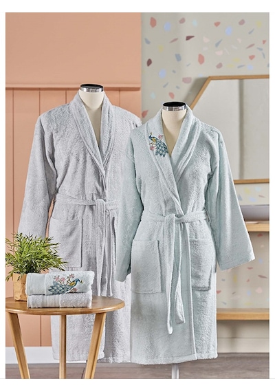 Taç Soft Bambu Aile Bornoz Seti Anna Mint Gri Gri - Mint