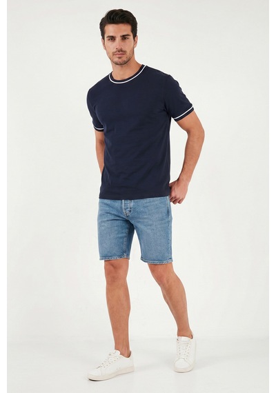 Buratti Pamuklu Bisiklet Yaka Kontrast Şeritli T Shirt Erkek T Shirt 5904034 İndigo