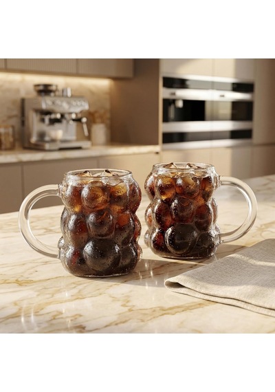 Boncuk Desenli Borosilikat Cam Bardak, 350 Ml Geniş Kapasite, Isıya Dayanıklı Yapı, Bulaşık Makinesinde Yıkanabilir, Ev Ofis Restoran İçin Uygun Kulplu Kahve Espresso Sunum Bardağı çok renkli