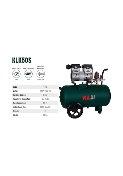 Klpro KLK50S 1 Hp 8 Bar 50 LT Yağsız Sessiz Hava Kompresörü