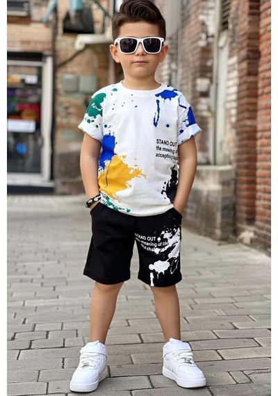 Riccotarz Erkek Çocuk Bisiklet Yaka Üzeri Renki Boya Desenli T-shirt Beli Lastikli Siyah Şortlu Takım Siyah