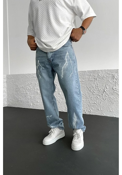 Kaizerdenim Erkek Şimşek Desenli Baggy Pantolon Buz Mavi