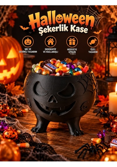 Halloween Cadılar Bayramı Dekoratif Balkabağı Şekerlik Kase Siyah Masa Üstü Dekor