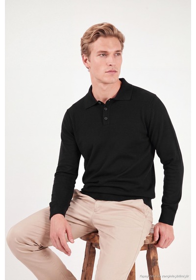 Buratti Pamuklu Regular Fit Düğmeli Uzun Kollu Polo Erkek Polo 7024733 Siyah