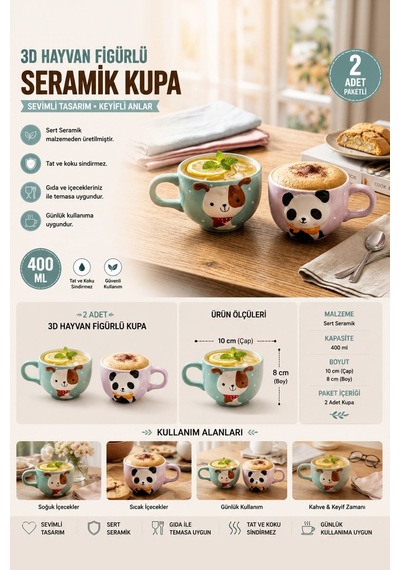 Minizoo Sevimli Köpek Ve Panda Figürlü 2 Adet Porselen Kupa Seti Renklı