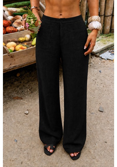 Tarz Cool Kadın Wide Leg Pantolon Ön Cep Detaylı Rahat Kalıp Günlük Pantolon Siyah