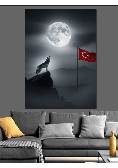 Ahşap Tablo Ay Işığında Uluyan Kurt Ve Bayrak