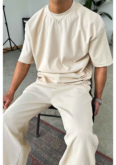 Bej İnce Fitilli Oversize Tişört Bej