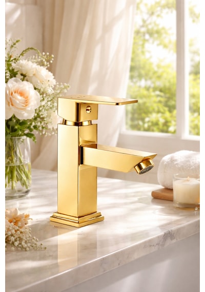 Viosa Lüks Altın Lavabo Bataryası Pirinç Gövde Aç Kapa Musluk Modern Kare Tasarım Banyo Batarya Siyah