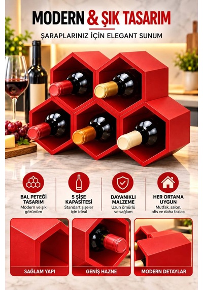 Kırmızı Modern Şarap Stand 5 Hazneli Şık Tasarım Şarap Şişe Organizer Stand
