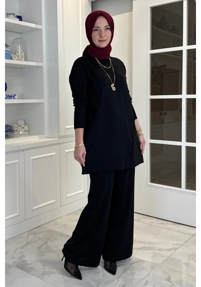 Rabia Şamlı Feryal Pantolonlu Triko Takım Siyah Normal