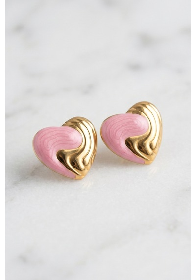 Gold Pembe Mineli Kalp Premium Çelik Küpe Çok Renkli