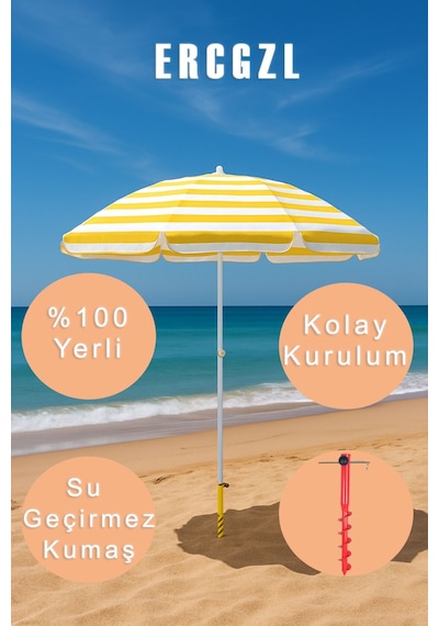 Plaj Şemsiyesi Ve Şemsiye Sabitleme Kazığı Seti Uv Koruma, Su Geçirmez, 8 Telli Sarı