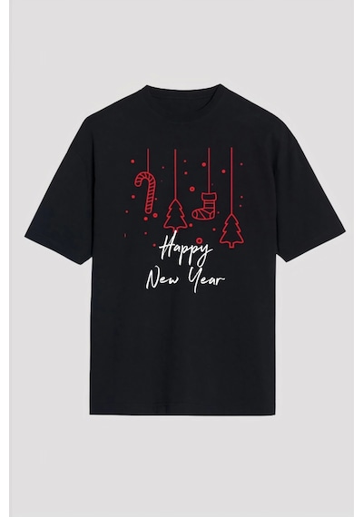 Happy New Year Baskılı T-shirt - Siyah Siyah