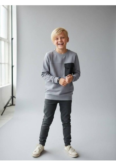 Zekids Erkek Çocuk Cep Detaylı Pamuklu İnce Sweatshirt-16650 Gri