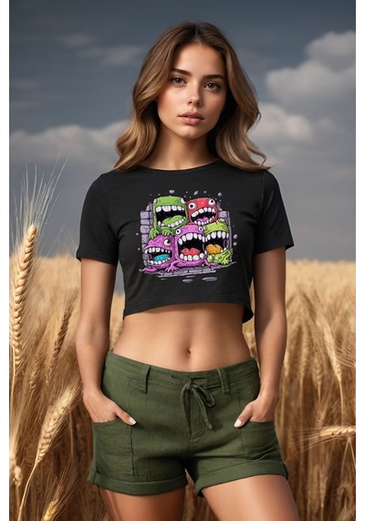 Squitee Cute Little Monsters Baskılı Siyah Crop Top - Beden: L