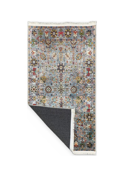 Gri Vintage Halı Etnik Desen Saçaklı Bambu Kumaş, Yıkanabilir