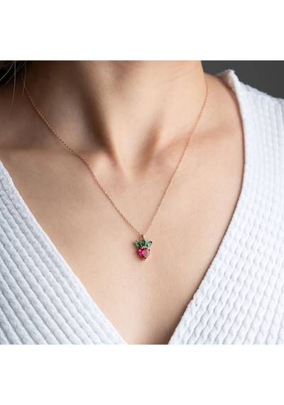 Vaoov 925 Ayar Gümüş Kırmızı Taşlı Çilek Kolye Rose