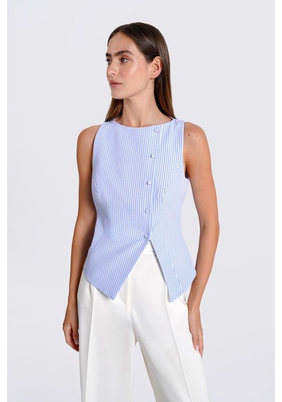 Thalure Kadın Mavi Pötikare Kruvaze Slim Fit Yelek