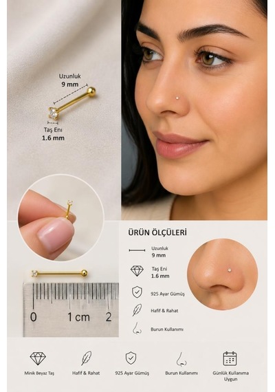 925 Ayar Gümüş Beyaz Taşlı Burun Hızması 9 Mm 1.6 Mm Tek Taş Minimal Nose Stud Sarı Renk