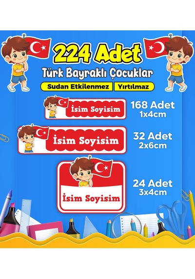 Türk Bayraklı Çocuklar Okul Kreş Kişiye Özel İsim Etiket Seti - Model 488 Çok Renkli