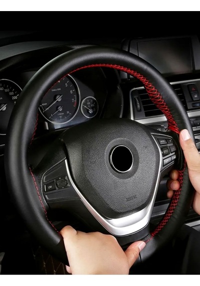 Skoda Favorit Uyumlu Deri Dikmeli Direksiyon Kılıfı Soft Kırmızı Ipli 38 9cm