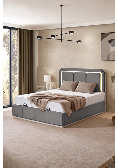 Demonte Baza Seti, Nox Ledli Çift Kişilik Baza Başlık Seti - İkili Set, Gri - 160x200 Cm 160 x 200