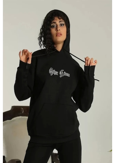 Sırt Baskılı Oversize Üç İplik Kapüşonlu Sweatshirt - Siyah