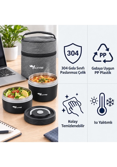 Valkyrie 2 Katlı Taraftar 304 Paslanmaz Çelik Yemek Termosu 420+550 Ml Isı Yalıtımlı Çantalı Siyah