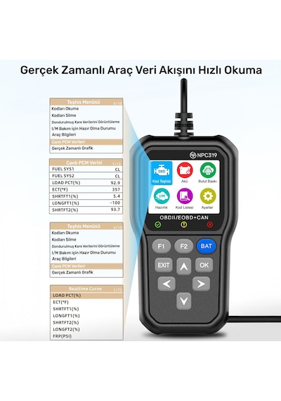 Npo Npc319 2.4" Türkçe Obdıı/eobd+can Modlu 63000 Hata Hafızalı Araç Arıza Tespit/silme Cihazı