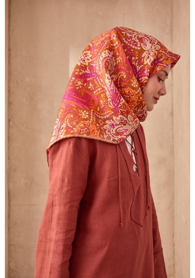Twill İpek Eşarp 11473-23 Tarçın, Magenta, Bej, Parlak Turuncu