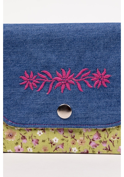 Fabric Craft Bag Kadın Cüzdanı Denim Kumaş Çiçek Nakışlı Çift Bölmeli 13x11 Cm Mavi - Yeşil