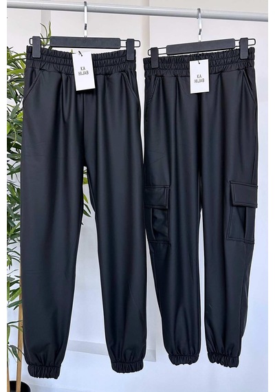 Kahijab Kargo Cep Deri Jogger Pantolon - Siyah Siyah