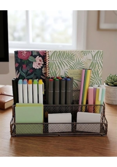 Temel Nikel Metal Mesh Masaüstü Organizer Çok Bölmeli 27x14x11 Cm 9515b