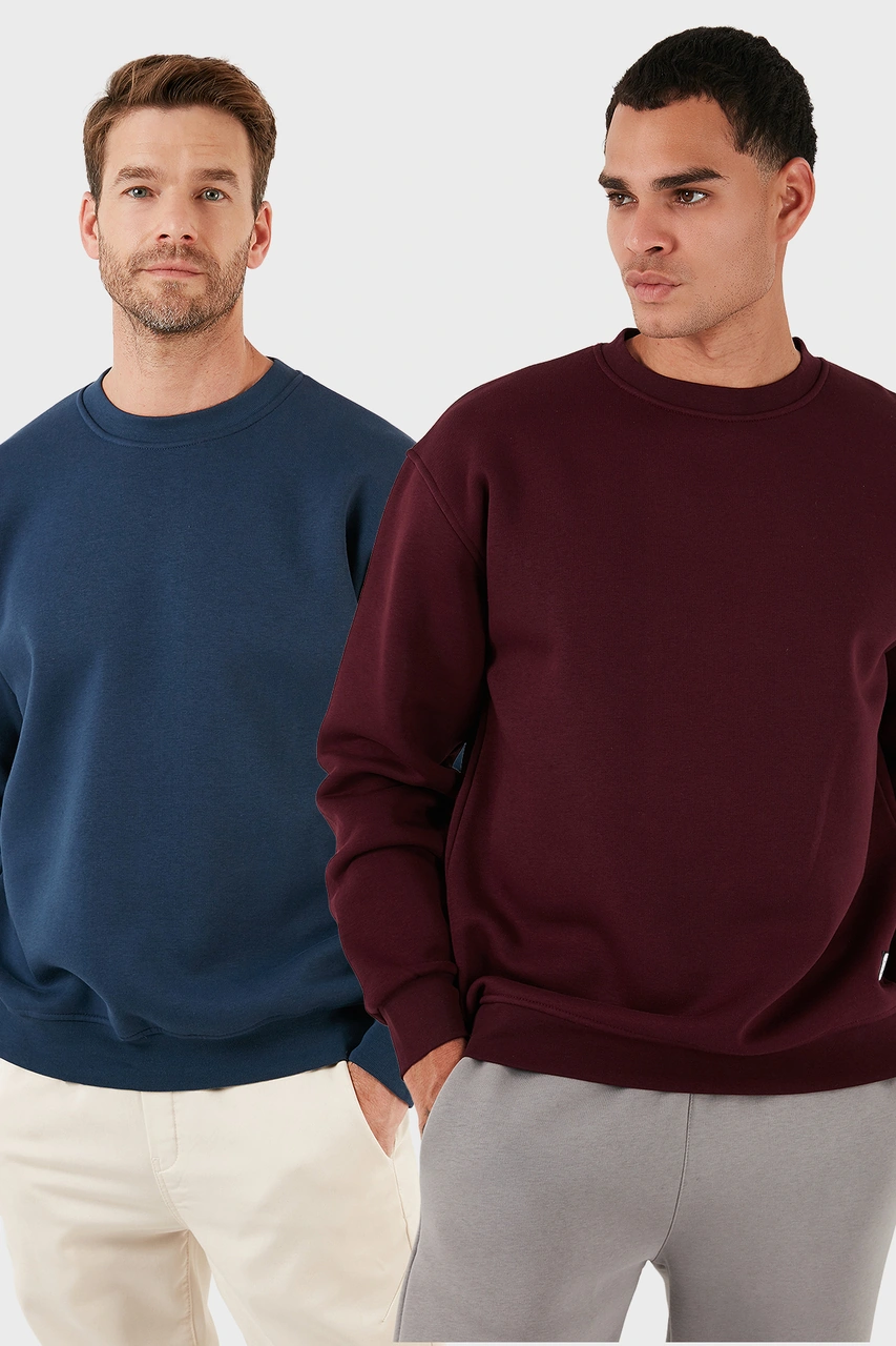 Buratti Regular Fit Bisiklet Yaka Şardonlu 2'Li Paket Erkek Sweat 5905255S2 Indigo-Vişne