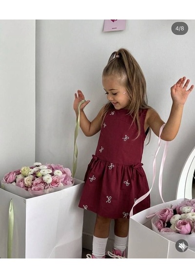Noble Kids Kız Çocuk Kurdele Nakışlı Pamuklu Elbise Bordo
