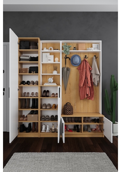 Lüks Aynalı Portmanto Askılı Vestiyer %100 Mdf Çok Raflı Ayakkabılık V03 Beyaz - Karına Lüks Aynalı Portmanto Askılı Vestiyer %100 Mdf Çok Raflı Ayakkabılık V03 Beyaz - Karına