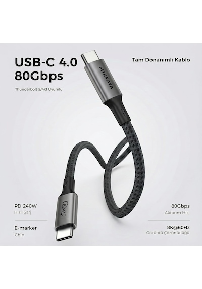 Usb 4.0 V2.0, 80gbps Usb C Veri Kablosu, 240w Usb C Şarj Kablosu, 8k 60hz 4k 240hz 2k 360hz Thu Standart