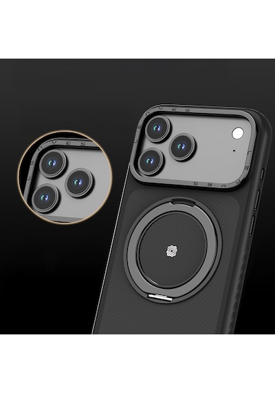Apple Uyumlu iPhone 17 Pro Max  Kılıf M-safe Şarj Özellikli Metal Standlı Lenyes Ck225 Kevlar Kapak Siyah Siyah