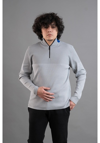 Fermuar Yaka Yarım Balıkçı Likralı Erkek Sweatshirt Gri