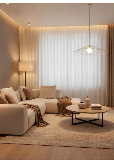 Nivemeshome Yakamoz 1-053p Yarı Desen Ekru 1/3 Pileli Tül Perde