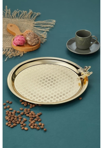 Cooker Kelebekli Yuvarlak Sunum Tepsisi 25 Cm Gold