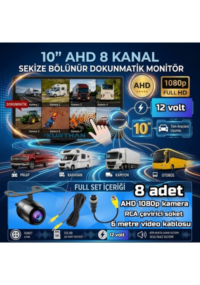 8 Ch 10 İnç Dokunmatik Monitör 8 Adet Ledsiz Ahd 1080p Kelebek Kamera 512 Gb Dvr Adas Bsd 12 Volt