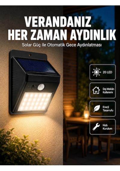 Zenvia Bahçe Ve Dış Mekanlar İçin Güneş Enerjili 20 Led Hareket Sensörlü Lamba Yeni Nesil Znv2026