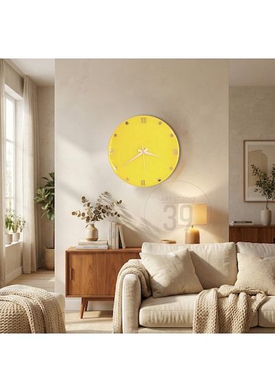 Dekoratif Epoksi Duvar Saati 40 Cm, Neon Sarı Modern Tasarım, Gümüş Detaylı, Sessiz Mekanizma, Yeni Ev Hediyesi Sarı