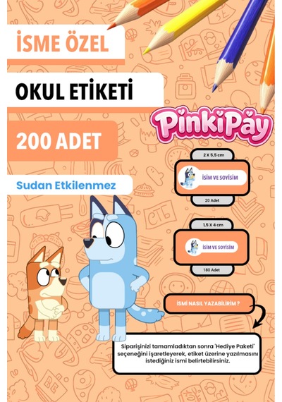 İsim Yazılabilir Bluey Temalı Kişiye Özel Okul Etiketi Kalem & Defter İçin 200 Adet Çoklu