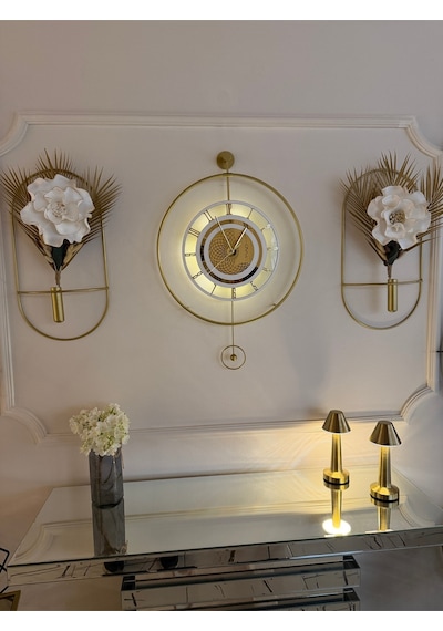 Metaquartz Aksesuar Premium Gold - Çark Pırlanta - Kırılmaz Camlı - Modern Dekoratif Metal Duvar Saati Gold
